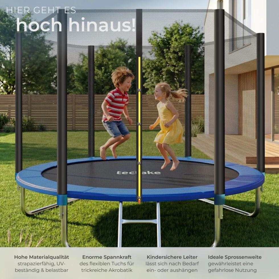 tectake® Trampolin, Ø 244 cm, GS zertifiziert, Randabdeckung, inklusive Einstiegsleiter