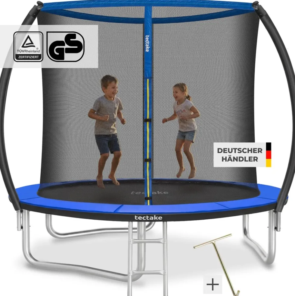 tectake® Trampolin, Ø 244 cm, GS-zertifiziert, Randabdeckung, inklusive Einstiegsleiter