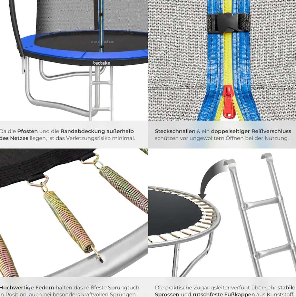 tectake® Trampolin, Ø 244 cm, GS-zertifiziert, Randabdeckung, inklusive Einstiegsleiter