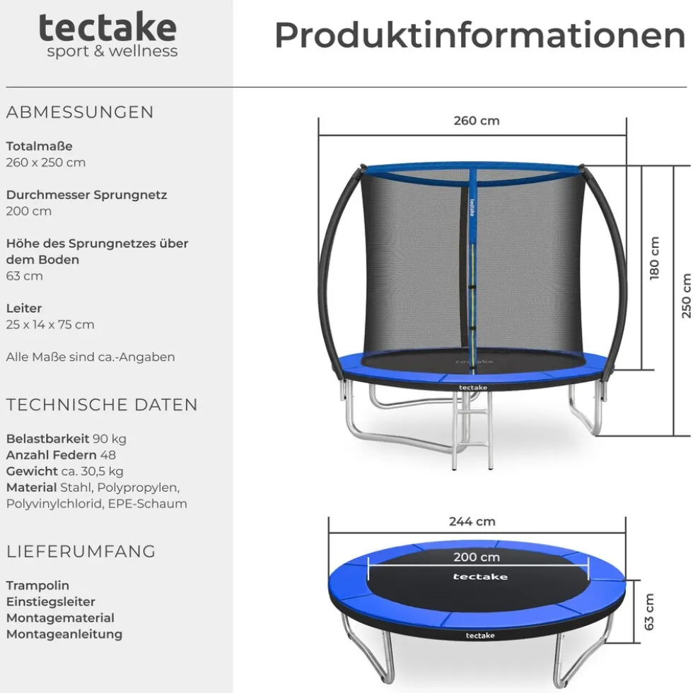 tectake® Trampolin, Ø 244 cm, GS-zertifiziert, Randabdeckung, inklusive Einstiegsleiter