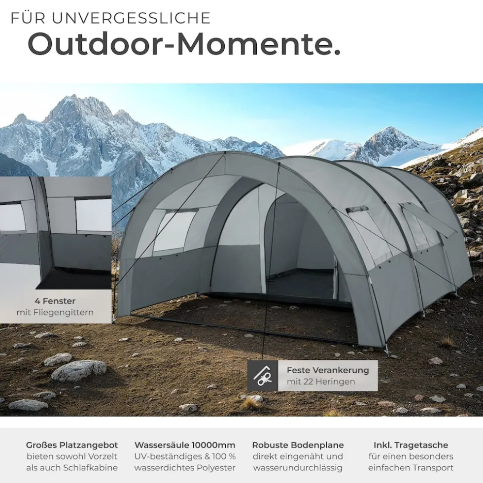 tectake® Tunnelzelt, für 6 Personen, 4 Fenster mit Moskitonetzen, 350 x 480 x 195 cm