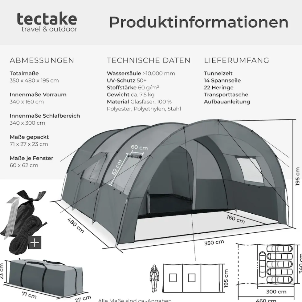 tectake® Tunnelzelt, für 6 Personen, 4 Fenster mit Moskitonetzen, 350 x 480 x 195 cm