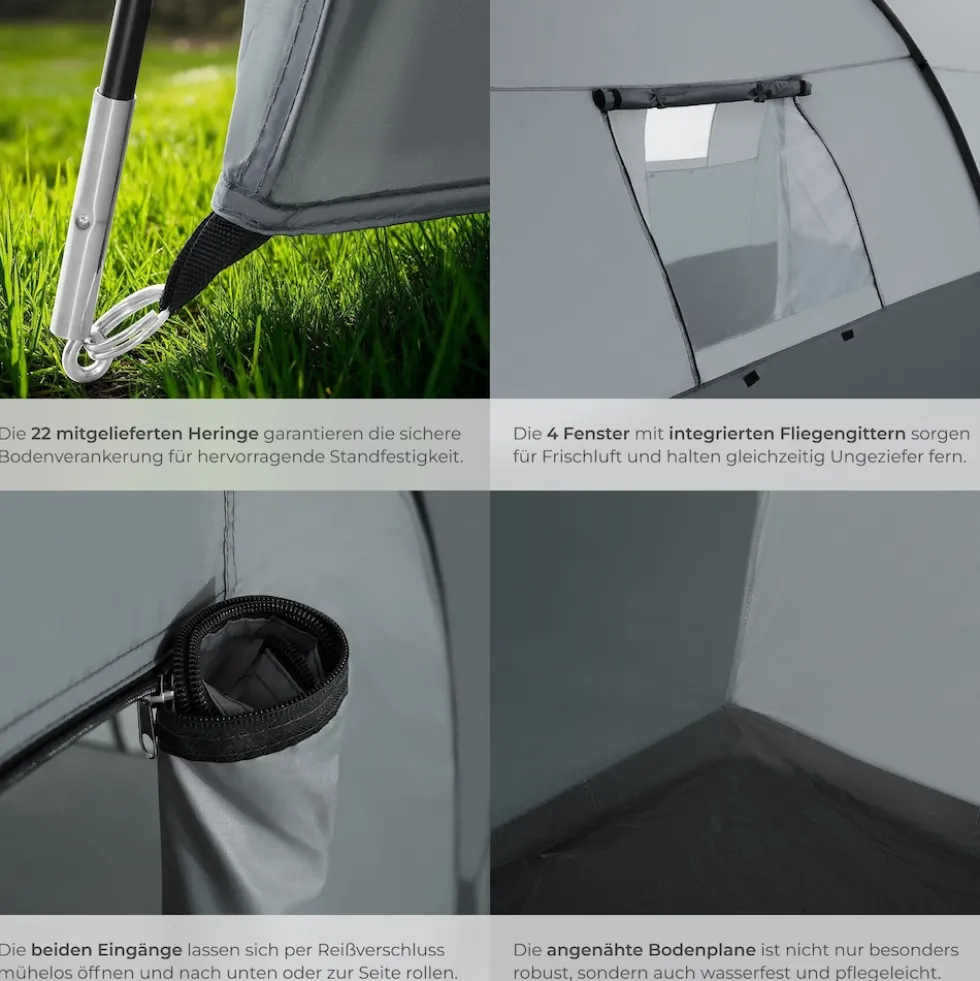 tectake® Tunnelzelt, für 6 Personen, 4 Fenster mit Moskitonetzen, 350 x 480 x 195 cm