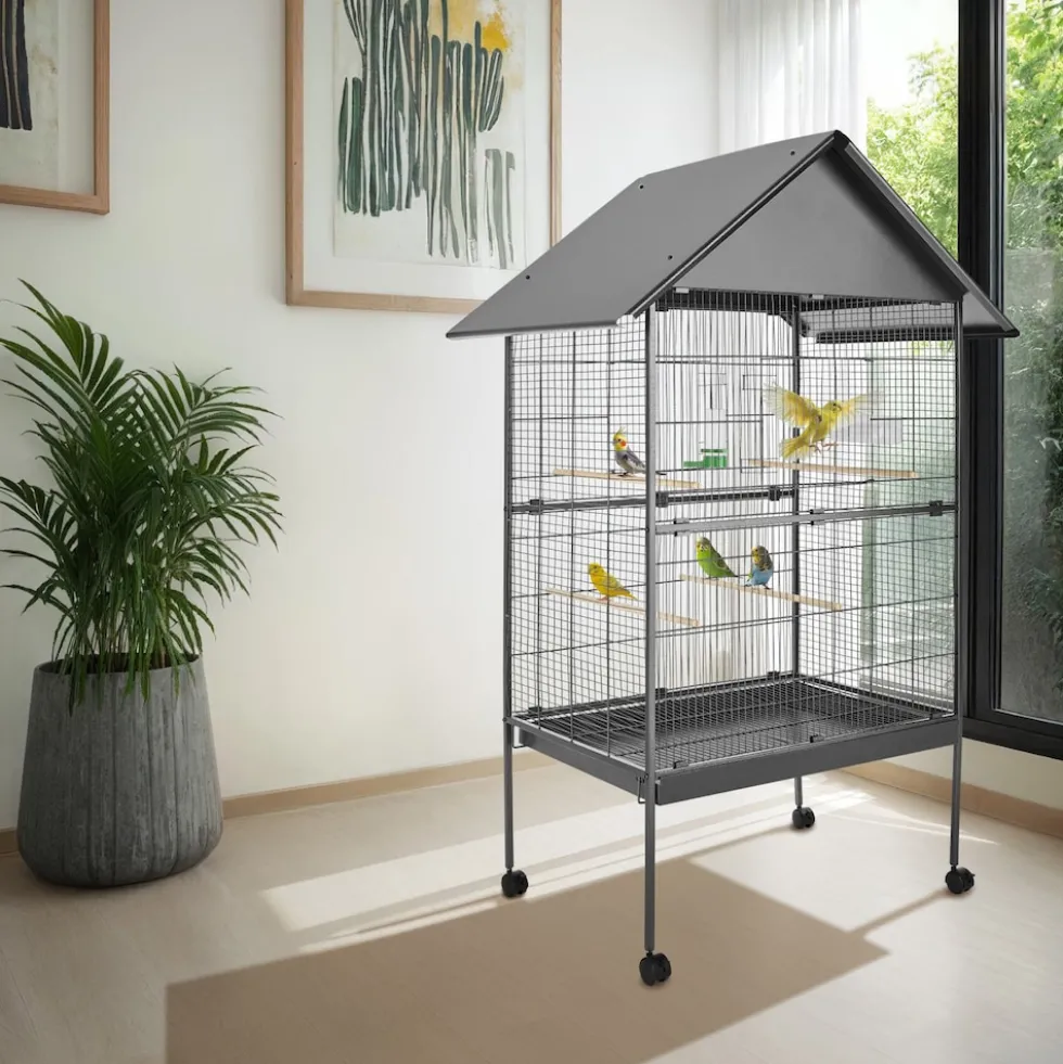 tectake® Vogelkäfig, in Hammerschlagoptik, 2 Türen und geringer Gitterabstand, 85 x 60 x 168 cm