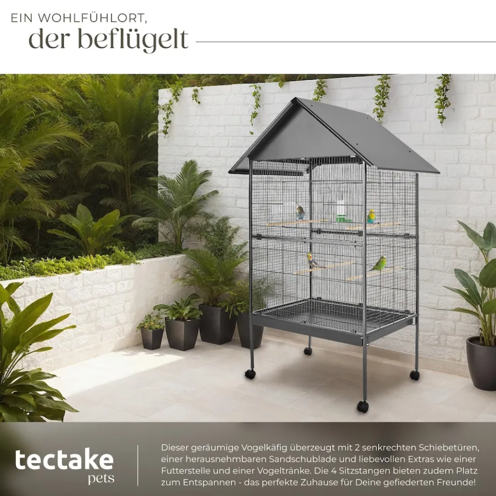 tectake® Vogelkäfig, in Hammerschlagoptik, 2 Türen und geringer Gitterabstand, 85 x 60 x 168 cm