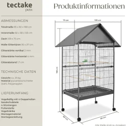 tectake® Vogelkäfig, in Hammerschlagoptik, 2 Türen und geringer Gitterabstand, 85 x 60 x 168 cm