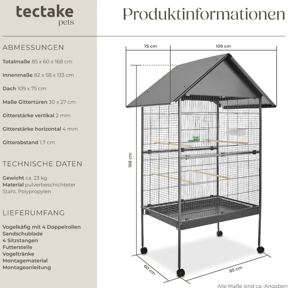 tectake® Vogelkäfig, in Hammerschlagoptik, 2 Türen und geringer Gitterabstand, 85 x 60 x 168 cm