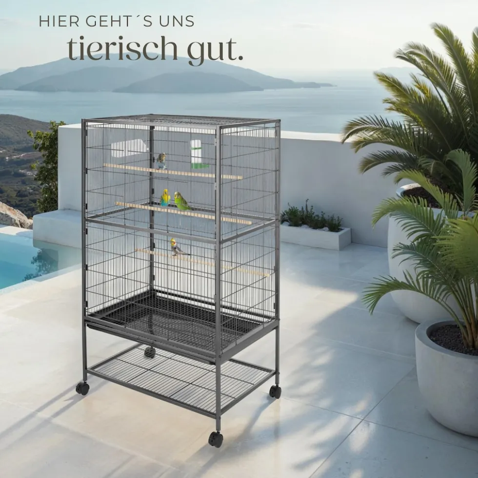 tectake® Vogelkäfig, in Hammerschlagoptik, 2 Schiebeöffnungen und geringer Gitterabstand, 78 x 52 x 131 cm