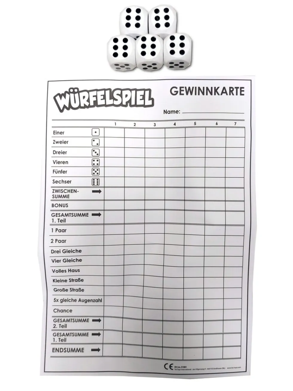 Toi-Toys 51081A - XXL Würfelspiel (deutsch) - Punkteblock inkl 5 Würfeln Gesellschaftsspiel Familienspiel