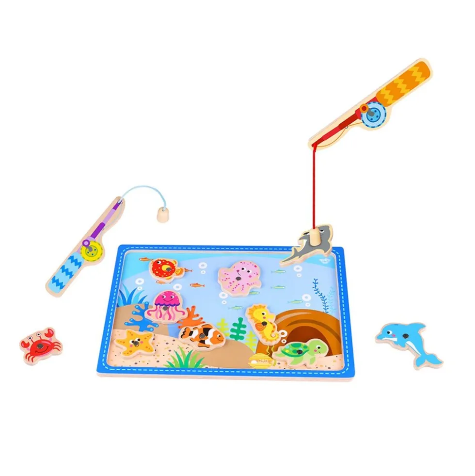Tooky Toy Angelspiel TKF040 Holz 10 Meerestiere, 2 Angelstäbe magnetische Fische blau