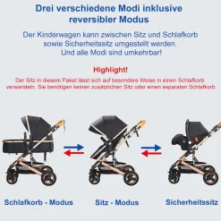 TPFLiving Kombi-Kinderwagen 3in1 Set - Modell Lux 7 Stoff - Schwarz