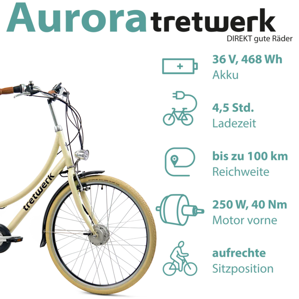 Tretwerk Aurora E Bike Damen 28 Zoll Elektrofahrrad 165 - 185 cm retro Hollandrad E Damenfahrrad mit Nabenschaltung und Rücktritt