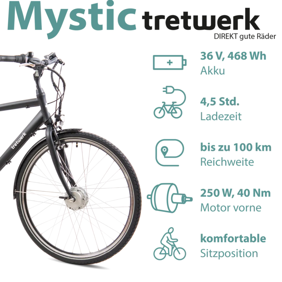 Tretwerk Mystic E Bike 28 Zoll Pedelec 170 - 190 cm Herrenrad Trekking Elektrofahrrad mit Nabenschaltung City E Fahrrad