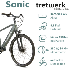 Tretwerk Sonic Pedelec 28 Zoll E Bike Trekkingrad 160 - 180 cm Elektrofahrrad Trekking 8 Gänge Damen Herren Fahrrad