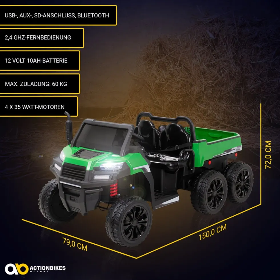 UTV-Kinder-Elektroauto A730 mit 6x4 Vierradantrieb, 2-Sitzer, Kippmulde, Fernbedienung, EVA-Reifen (Grün/Schwarz)