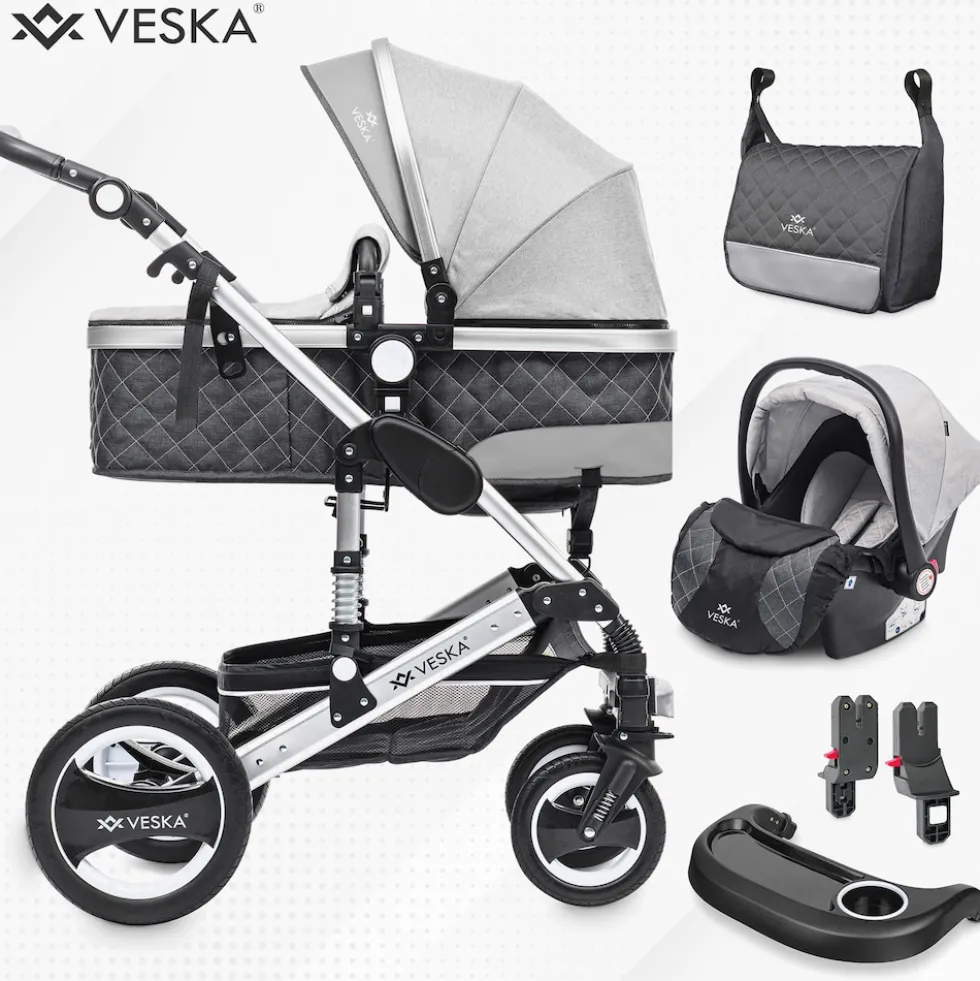 VESKA® 3 in 1 Kombi-Kinderwagen Buggy Reisebuggy inkl. Auto- Babyschale Jogger Faltbar - Silber - anthrazit/grau