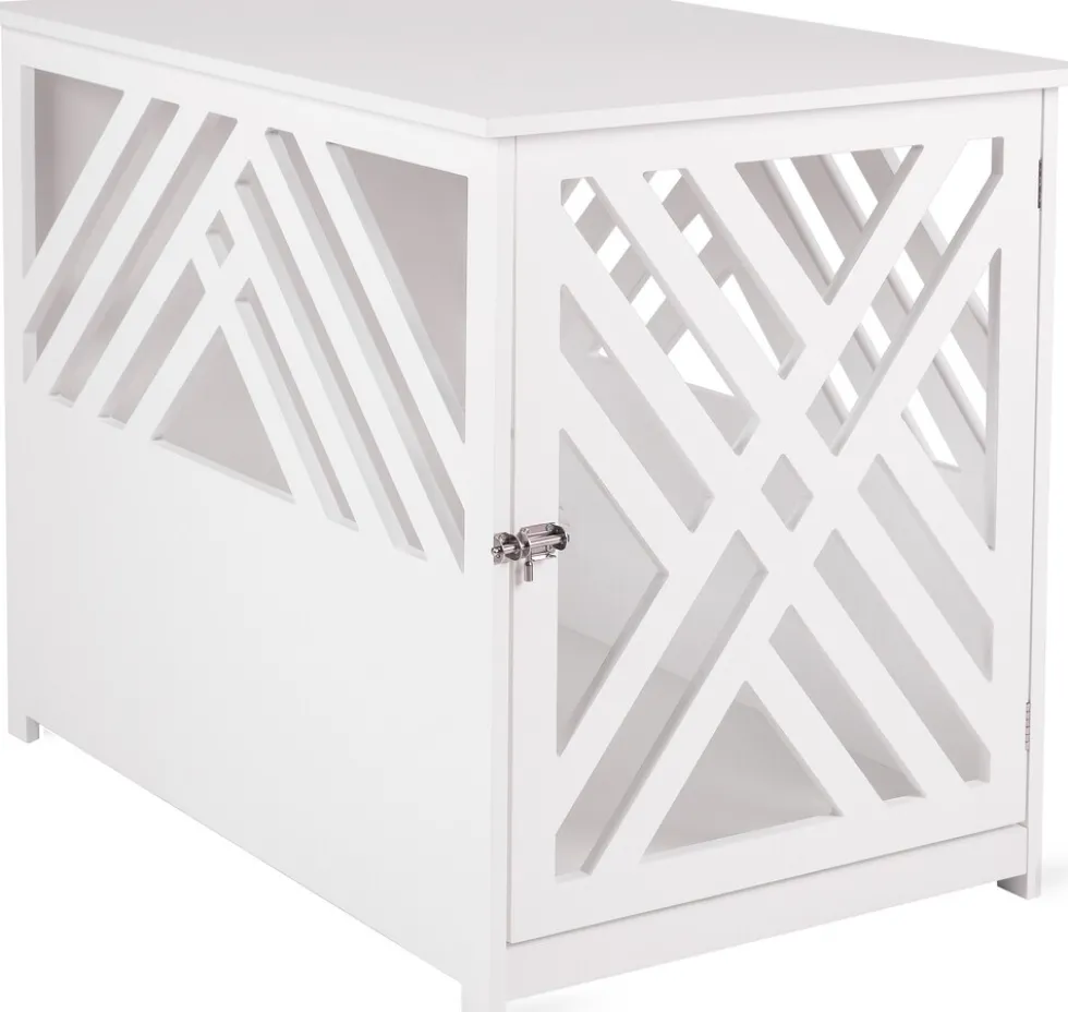 WONDERMAKE® Design Hundekäfig aus Holz für Zuhause Wohnung mit Beistelltisch, Hundebox fürs Wohnzimmer Indoor, 90x60 cm weiß