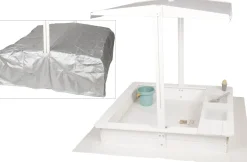 WONDERMAKE® Design Sandkasten mit Matschküche, Dach, Abdeckung OXFORD 420D, Vliesfolie, Sandkiste Holz quadratisch verschließbar Outdoor Garten für Kinder, weiß silber