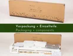 WONDERMAKE® Design Sandkasten mit Matschküche, Dach, Abdeckung OXFORD 420D, Vliesfolie, Sandkiste Holz quadratisch verschließbar Outdoor Garten für Kinder, weiß silber