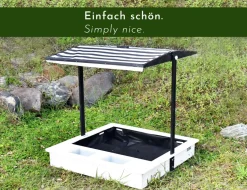 WONDERMAKE® Design Sandkasten mit Matschküche, Dach, Abdeckung OXFORD 420D, Vliesfolie, Sandkiste Holz quadratisch verschließbar Outdoor Garten für Kinder, schwarz weiß