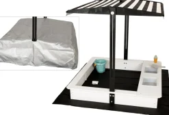 WONDERMAKE® Design Sandkasten mit Matschküche, Dach, Abdeckung OXFORD 420D, Vliesfolie, Sandkiste Holz quadratisch verschließbar Outdoor Garten für Kinder, schwarz weiß