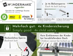 WONDERMAKE® Design Sandkasten Holz mit Dach, Abdeckung & Sitzbank, Kinder Sandkiste mit klappbarem Deckel, UV-Sonnenschutz, Sandbox quadratisch Garten Outdoor Spielplatz, 120x120 cm, weiß grau schwarz
