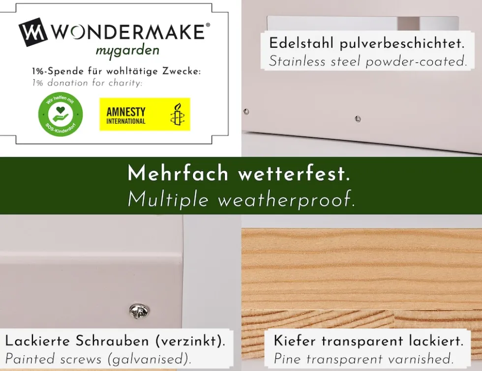 WONDERMAKE® Großes Design Vogelhaus aus Metall und Holz wetterfest zum Aufhängen, modernes Vogelfutterhaus XL Metalldach hängend, Vogelhäuschen Futterhaus für Vögel, Edelstahl Kiefer, grau-beige