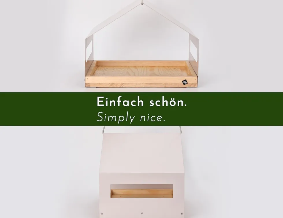WONDERMAKE® Großes Design Vogelhaus aus Metall und Holz wetterfest zum Aufhängen, modernes Vogelfutterhaus XL Metalldach hängend, Vogelhäuschen Futterhaus für Vögel, Edelstahl Kiefer, grau-beige