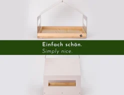 WONDERMAKE® Großes Design Vogelhaus aus Metall und Holz wetterfest zum Aufhängen, modernes Vogelfutterhaus XL Metalldach hängend, Vogelhäuschen Futterhaus für Vögel, Edelstahl Kiefer, grau-beige