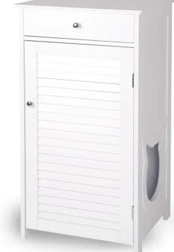 WONDERMAKE® Katzenschrank für Katzentoilette groß hoch aus Holz, Katzenklo-Schrank Kommode mit Schublade und Tür geschlossen, Design Katzen-Haus Toilette Klo XL, 51 x 46 x 96 cm, weiß