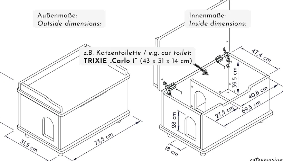 WONDERMAKE® Katzenschrank für Katzentoilette groß aus Holz, Katzenklo-Schrank Kommode XL, Design Katzen-Haus Toilette Klo Waschbecken-Unterschrank für Bad, 73,5 x 51,5 x 57 cm, weiß