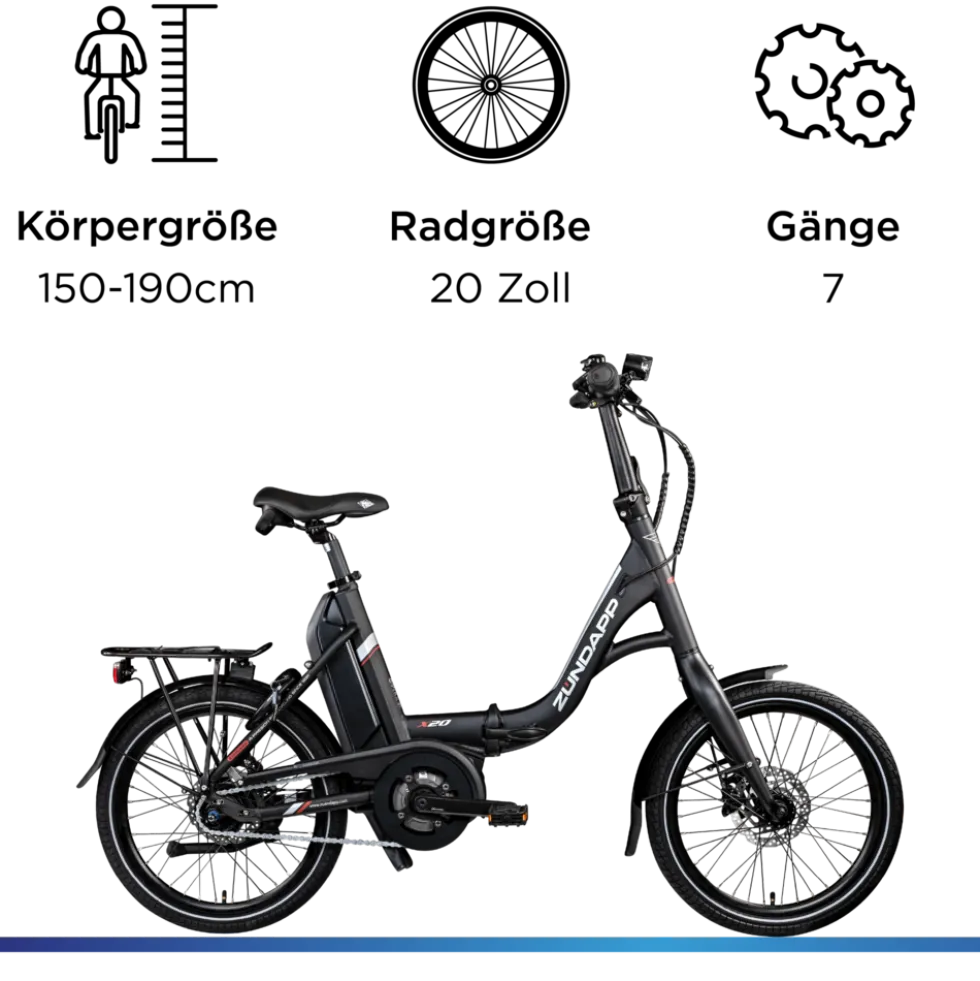 Zündapp X20 E Bike Klapprad Pedelec für Damen und Herren 150 - 190 cm E Fahrrad Bosch Faltrad Tiefeinsteiger Urban Bike
