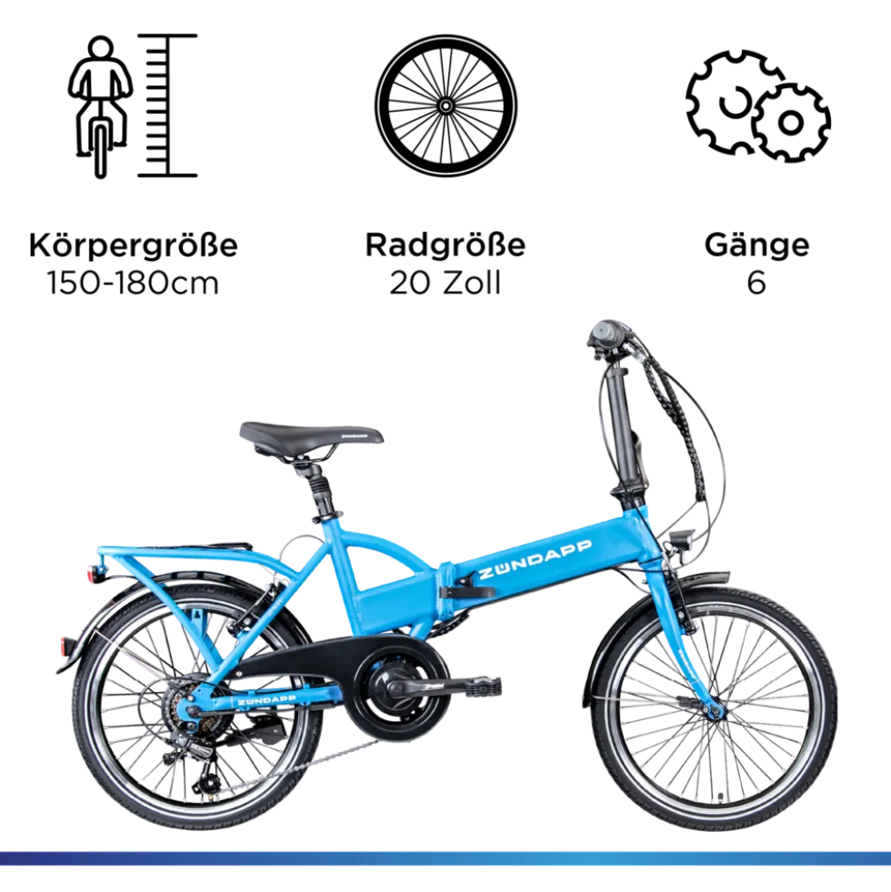 Zündapp Z101 20 Zoll Elektro Klapprad für Erwachsene 150 - 180 cm 6 Gang E Klappfahrrad E Bike Faltrad Pedelec StVZO