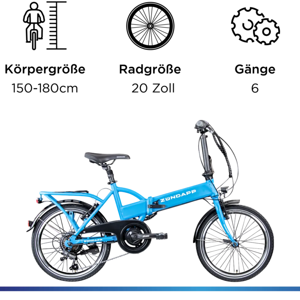 Zündapp Z101 20 Zoll Elektro Klapprad für Erwachsene 150 - 180 cm 6 Gang E Klappfahrrad E Bike Faltrad Pedelec StVZO